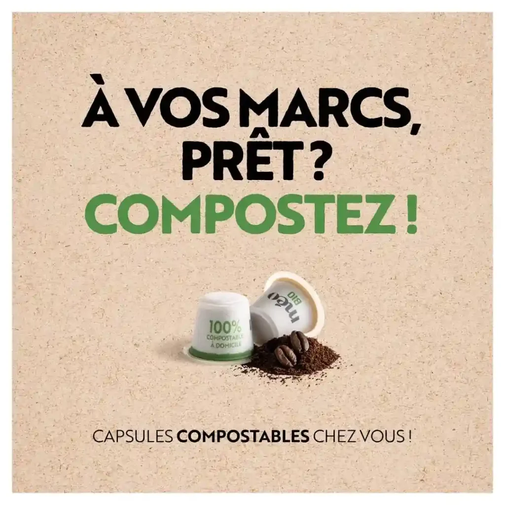 Visuel de capsules compostables sur fond Kraft avec Titre à vos marcs prêt ? Compostez