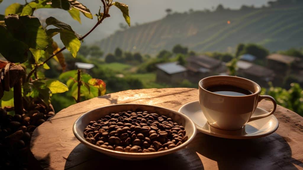 Café en grains dans une soucoupe et tasse de café devant paysage ferme de café
