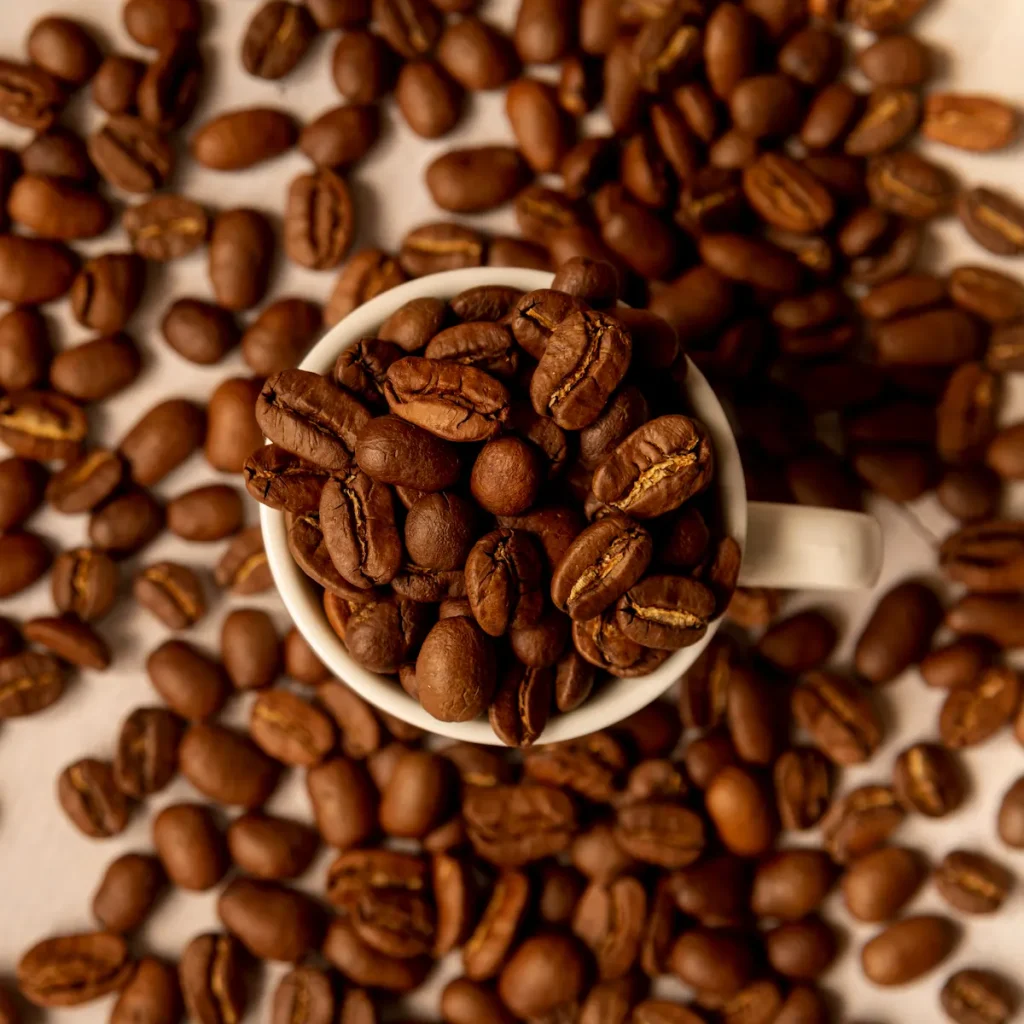 vue de haut de grains de café avec tasse blanche 