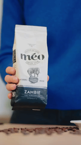 une personne portant un pull bleu tient un sac de café méo étiqueté « zambia lac tanganyika intensité 8 » au dessus d'une table sur laquelle se trouvent des grains de café éparpillés.