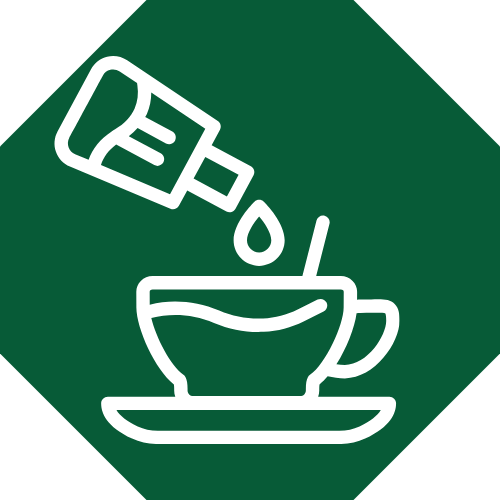 contour blanc d'un compte gouttes ajoutant du liquide à une tasse sur une soucoupe, sur fond hexagonal vert foncé.