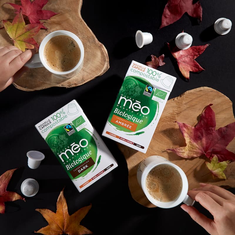 deux mains tiennent des tasses de café à côté de boîtes de capsules de café méo biologique sur des planches de bois avec des feuilles d'automne éparpillées et des dosettes de café.