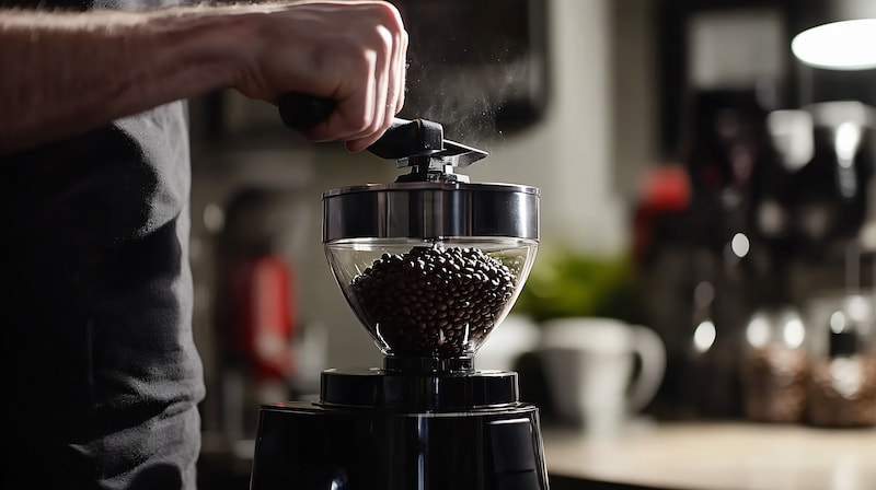 une personne moud des grains de café à l'aide d'un moulin à café manuel dans une cuisine, la vapeur ou l'arôme du café étant visible au dessus des grains.